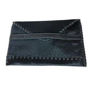 Laggo Black Leather Calf Hair Polka Clutch Foldover Envelope Purse 10" x 6.5"
